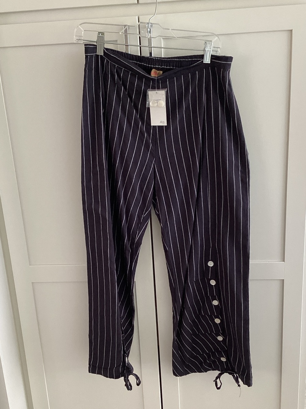 Pinstripe Tie-Hem Wide Leg Pants - Black